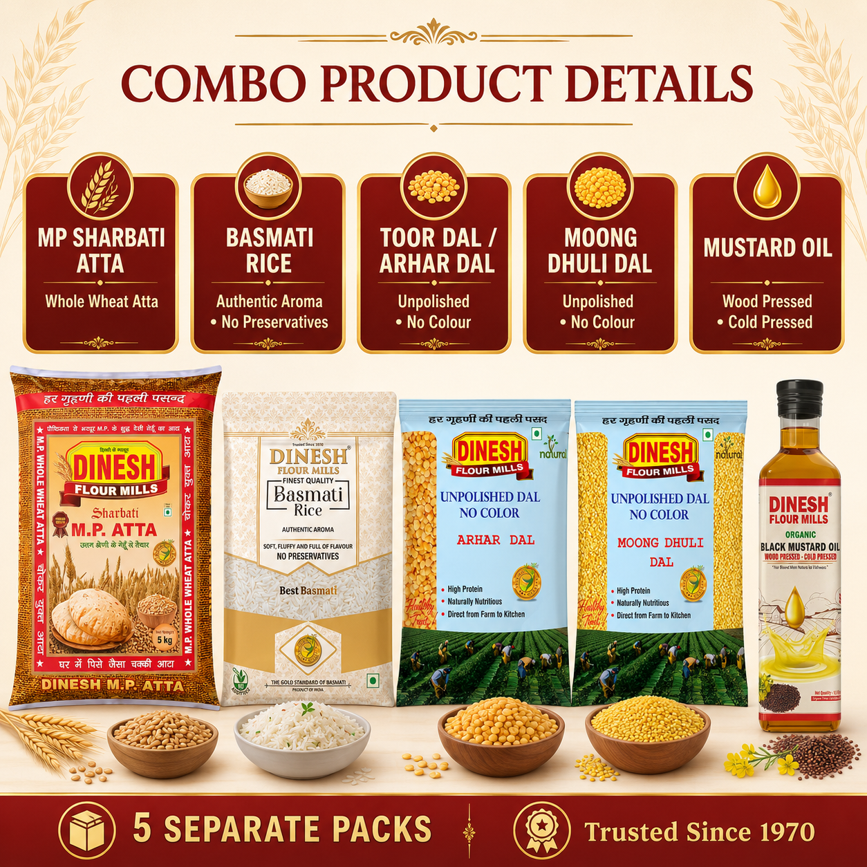 Monthly Grocery Essentials Combo | MP Atta 5kg, Basmati Rice 3kg, Toor Dal 1kg, Moong Dal 1kg & Mustard Oil 1L