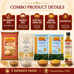 Monthly Grocery Essentials Combo | MP Atta 5kg, Basmati Rice 3kg, Toor Dal 1kg, Moong Dal 1kg & Mustard Oil 1L