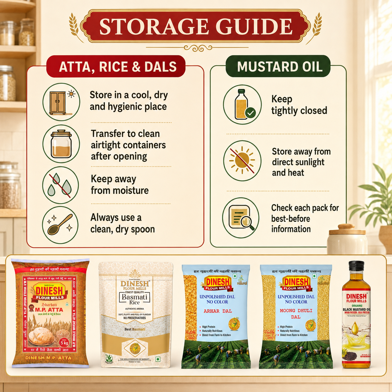 Monthly Grocery Essentials Combo | MP Atta 5kg, Basmati Rice 3kg, Toor Dal 1kg, Moong Dal 1kg & Mustard Oil 1L