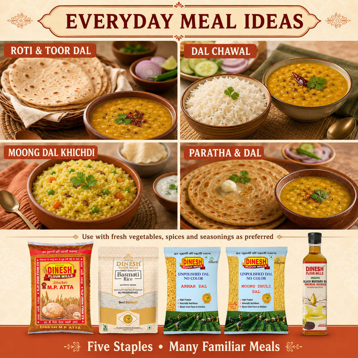 Monthly Grocery Essentials Combo | MP Atta 5kg, Basmati Rice 3kg, Toor Dal 1kg, Moong Dal 1kg & Mustard Oil 1L