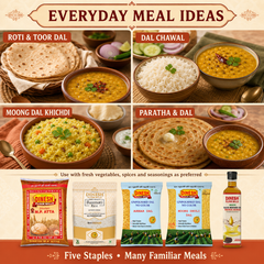 Monthly Grocery Essentials Combo | MP Atta 5kg, Basmati Rice 3kg, Toor Dal 1kg, Moong Dal 1kg & Mustard Oil 1L