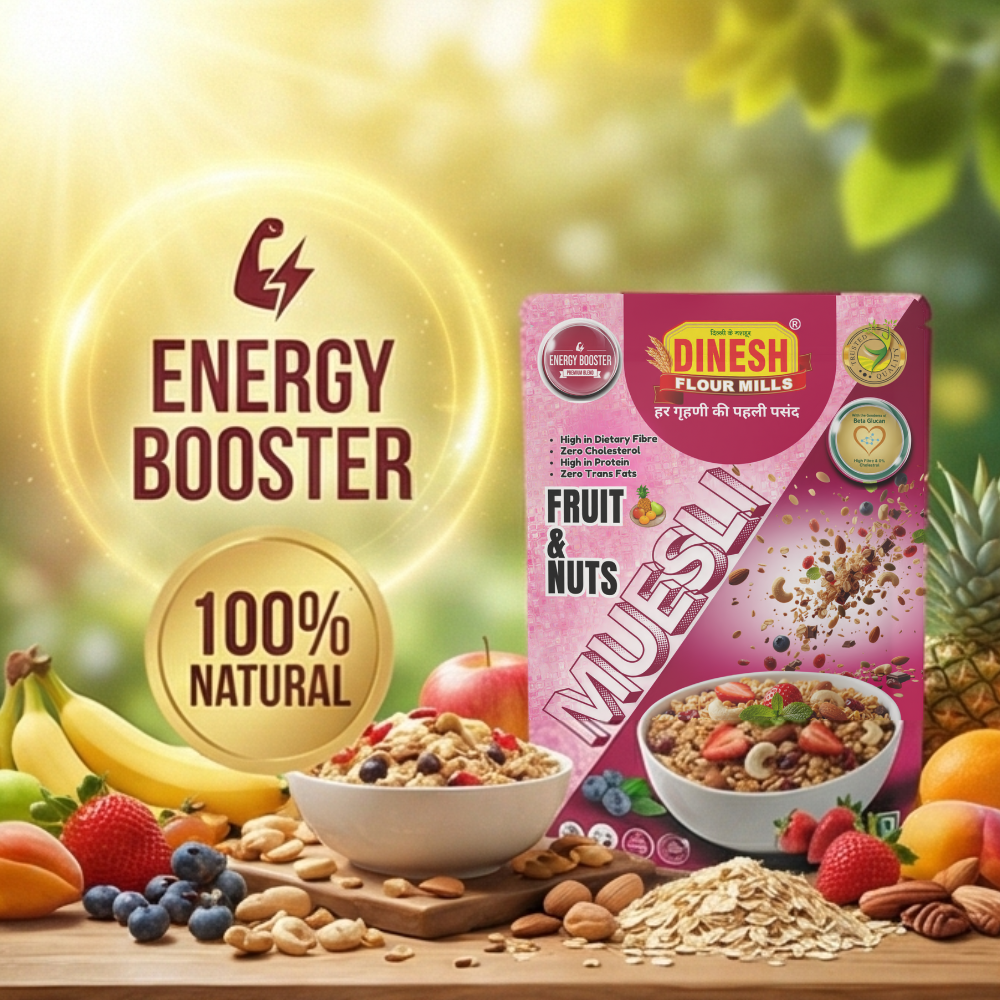 Muesli by Dinesh Flour Mills – A crunchy mix of rolled oats, wheat flakes, cornflakes, rice flakes, almonds, raisins, and dried fruits,