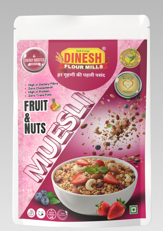 Muesli by Dinesh Flour Mills – A crunchy mix of rolled oats, wheat flakes, cornflakes, rice flakes, almonds, raisins, and dried fruits,