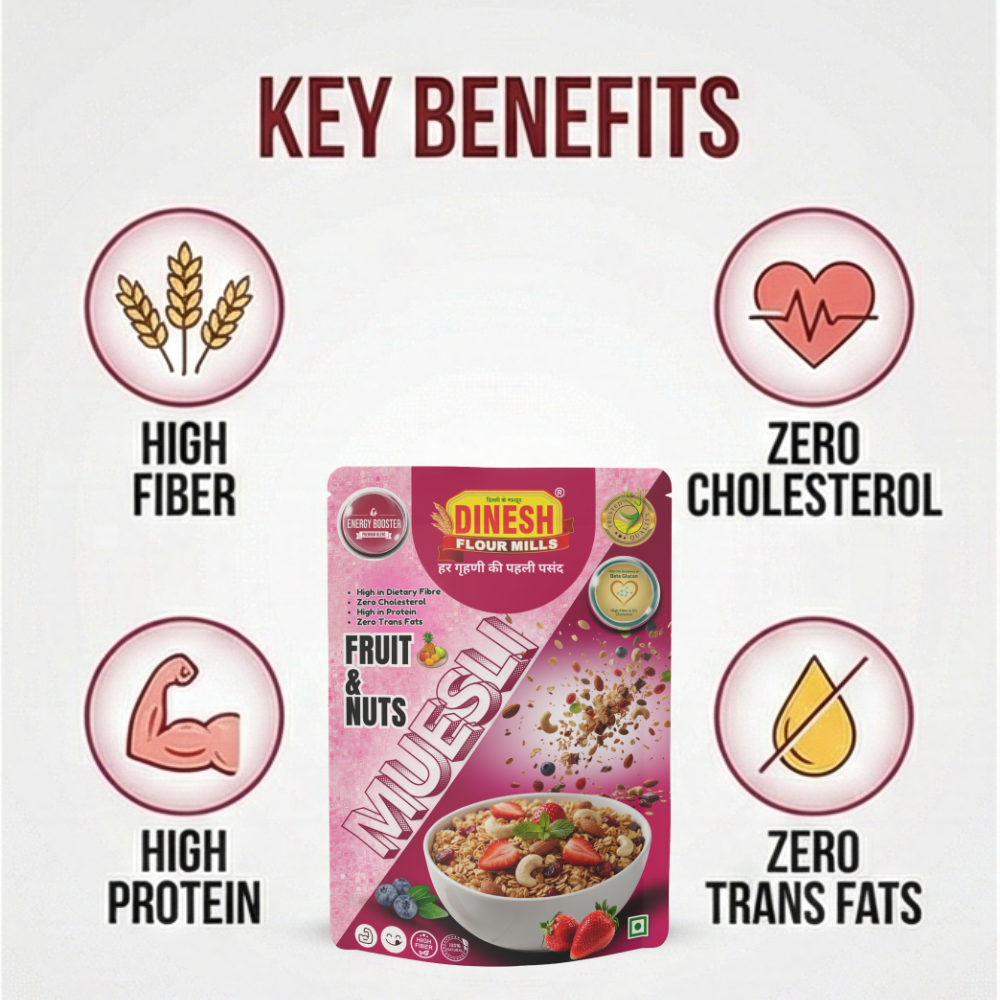 Muesli by Dinesh Flour Mills – A crunchy mix of rolled oats, wheat flakes, cornflakes, rice flakes, almonds, raisins, and dried fruits,