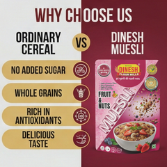 Muesli by Dinesh Flour Mills – A crunchy mix of rolled oats, wheat flakes, cornflakes, rice flakes, almonds, raisins, and dried fruits,