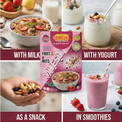 Muesli by Dinesh Flour Mills – A crunchy mix of rolled oats, wheat flakes, cornflakes, rice flakes, almonds, raisins, and dried fruits,