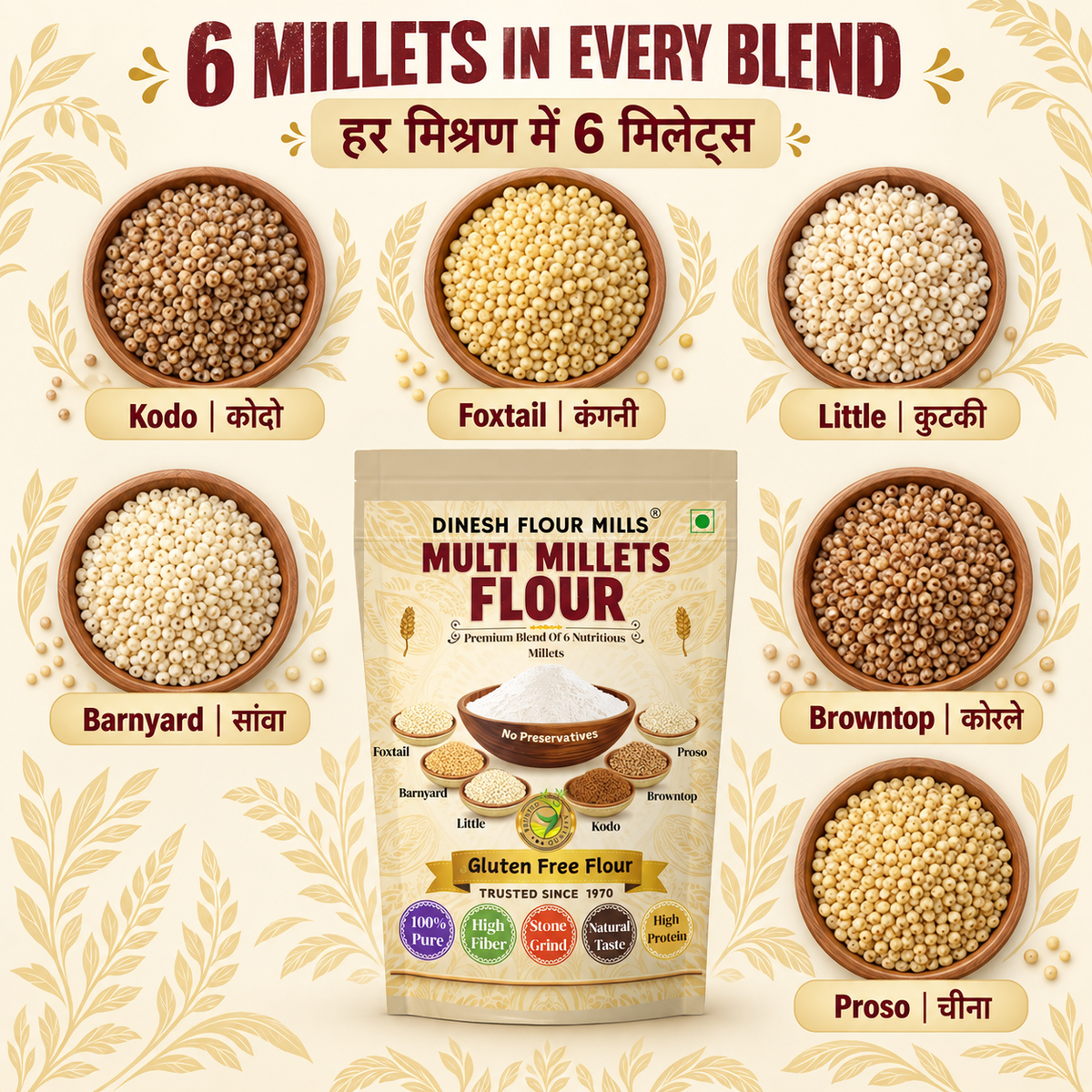 Multi Millets Flour - 6 Rich Millets in one Pack-Kodo-Proso-Little-Barnyard-Foxtail-Browntop