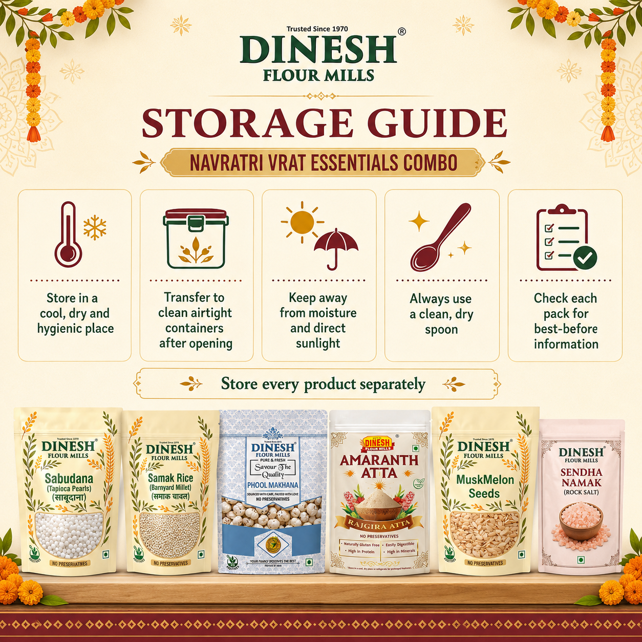 Navratri Vrat Essentials Combo 2.35kg | Sabudana, Samak Rice, Makhana, Rajgira Atta, Sendha Namak & Muskmelon Seeds