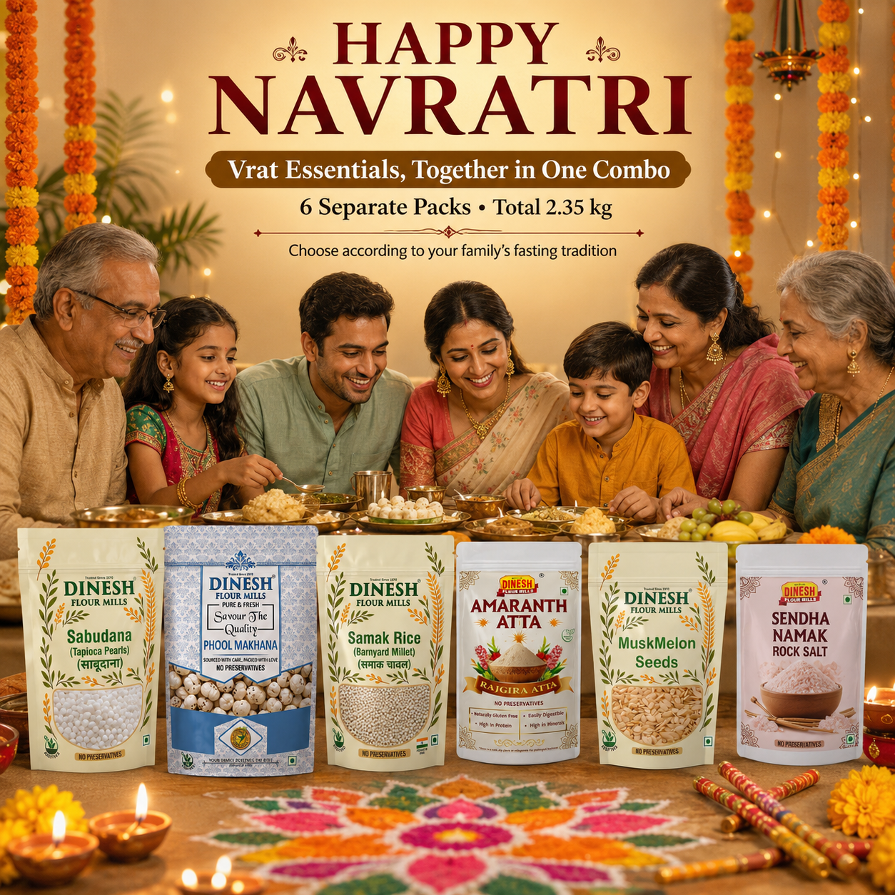 Navratri Vrat Essentials Combo 2.35kg | Sabudana, Samak Rice, Makhana, Rajgira Atta, Sendha Namak & Muskmelon Seeds