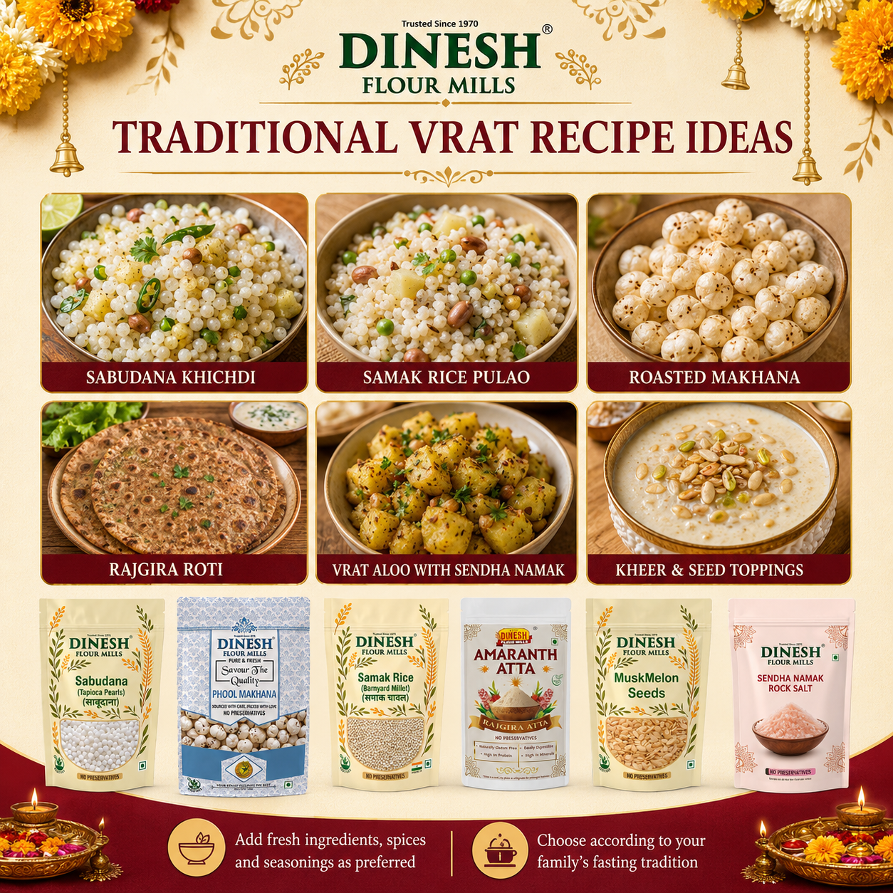 Navratri Vrat Essentials Combo 2.35kg | Sabudana, Samak Rice, Makhana, Rajgira Atta, Sendha Namak & Muskmelon Seeds