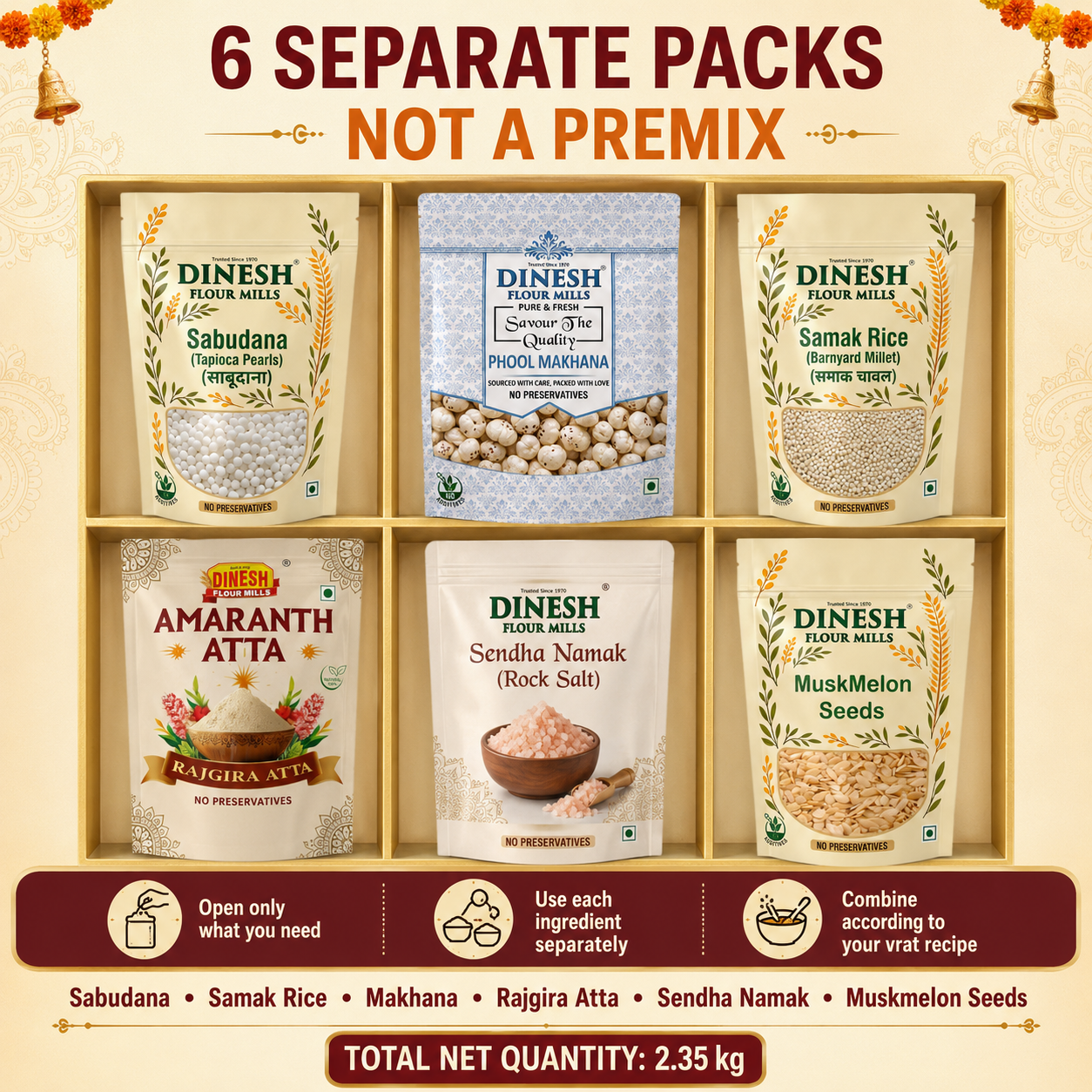 Navratri Vrat Essentials Combo 2.35kg | Sabudana, Samak Rice, Makhana, Rajgira Atta, Sendha Namak & Muskmelon Seeds