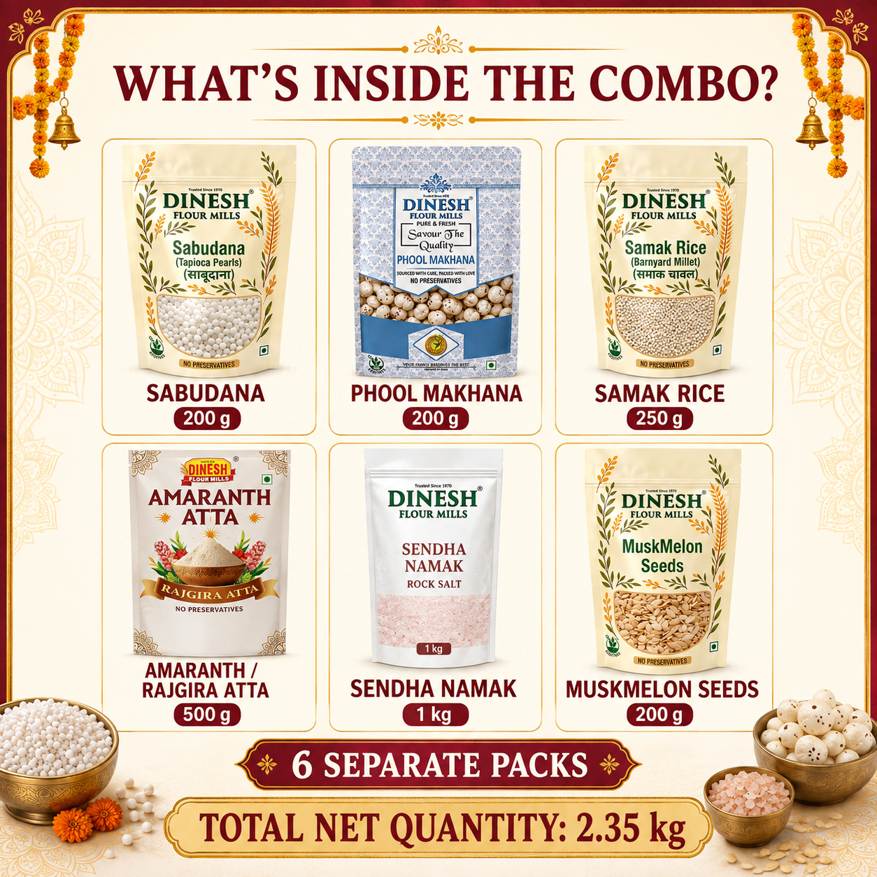 Navratri Vrat Essentials Combo 2.35kg | Sabudana, Samak Rice, Makhana, Rajgira Atta, Sendha Namak & Muskmelon Seeds