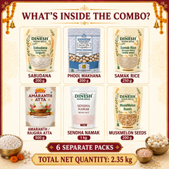 Navratri Vrat Essentials Combo 2.35kg | Sabudana, Samak Rice, Makhana, Rajgira Atta, Sendha Namak & Muskmelon Seeds