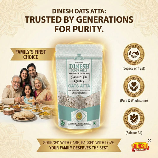 Dinesh Oats Atta packaging with family and product features on a beige background