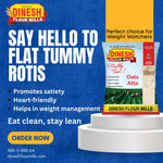 Advertisement for Dinesh Flour Mills oats atta package with promotional text on a blue background