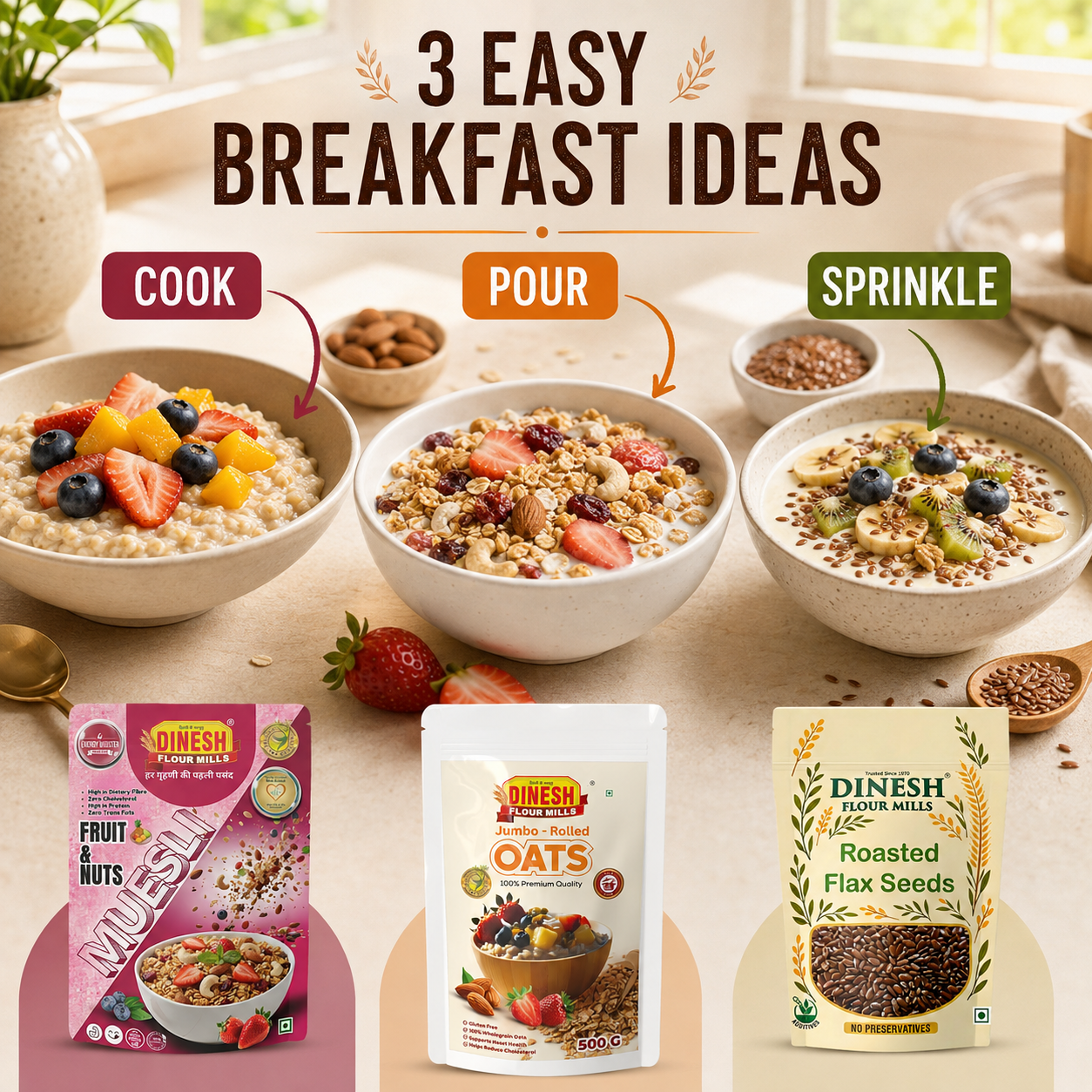 Oats and Muesli Breakfast Combo Pack with Roasted Flax Seeds