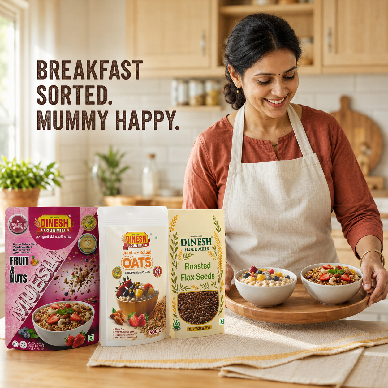 Oats and muesli breakfast combo with roasted flax seeds