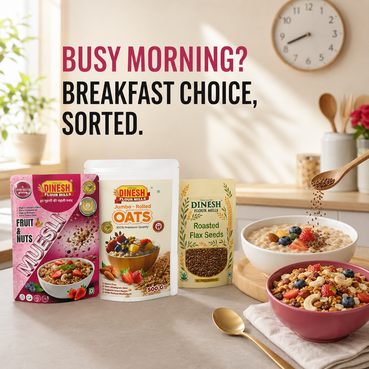 Oats and Muesli Breakfast Combo Pack with Roasted Flax Seeds