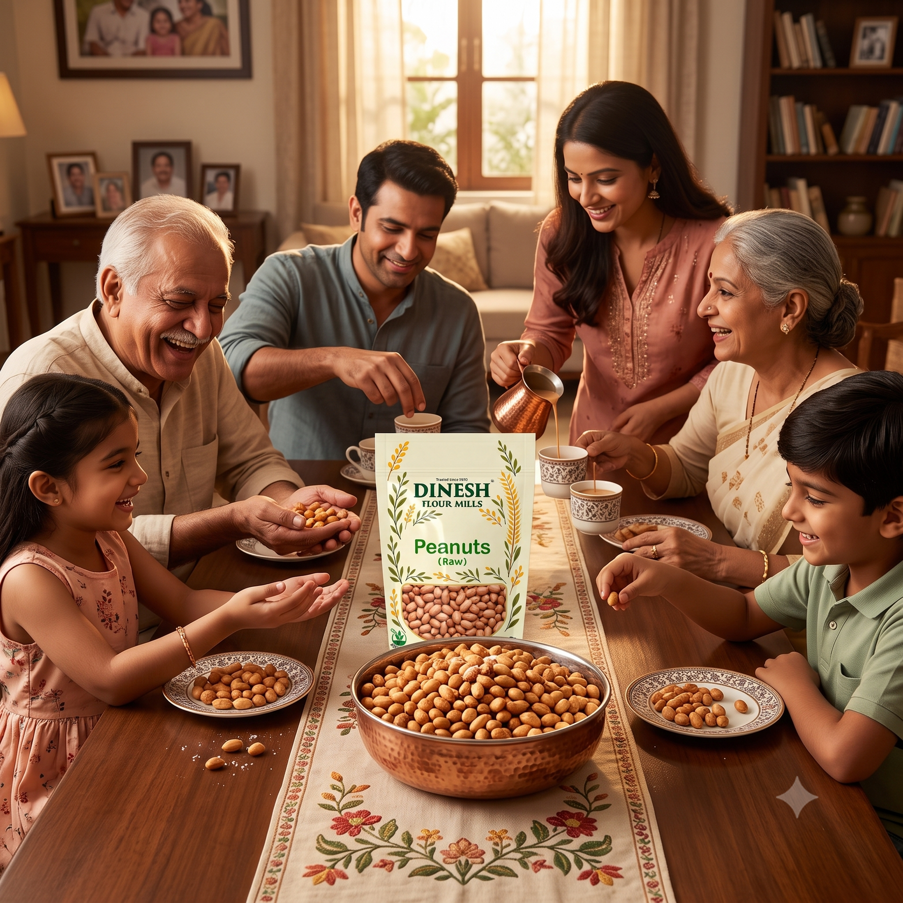 A family gathered around a wooden dining table in a warm, cozy living room, sharing peanuts from a bag labeled 'DINESH Organic Peanuts'. The table is decorated with a floral runner and holds a large copper bowl filled with peanuts, along with plates of peanuts and cups of tea.