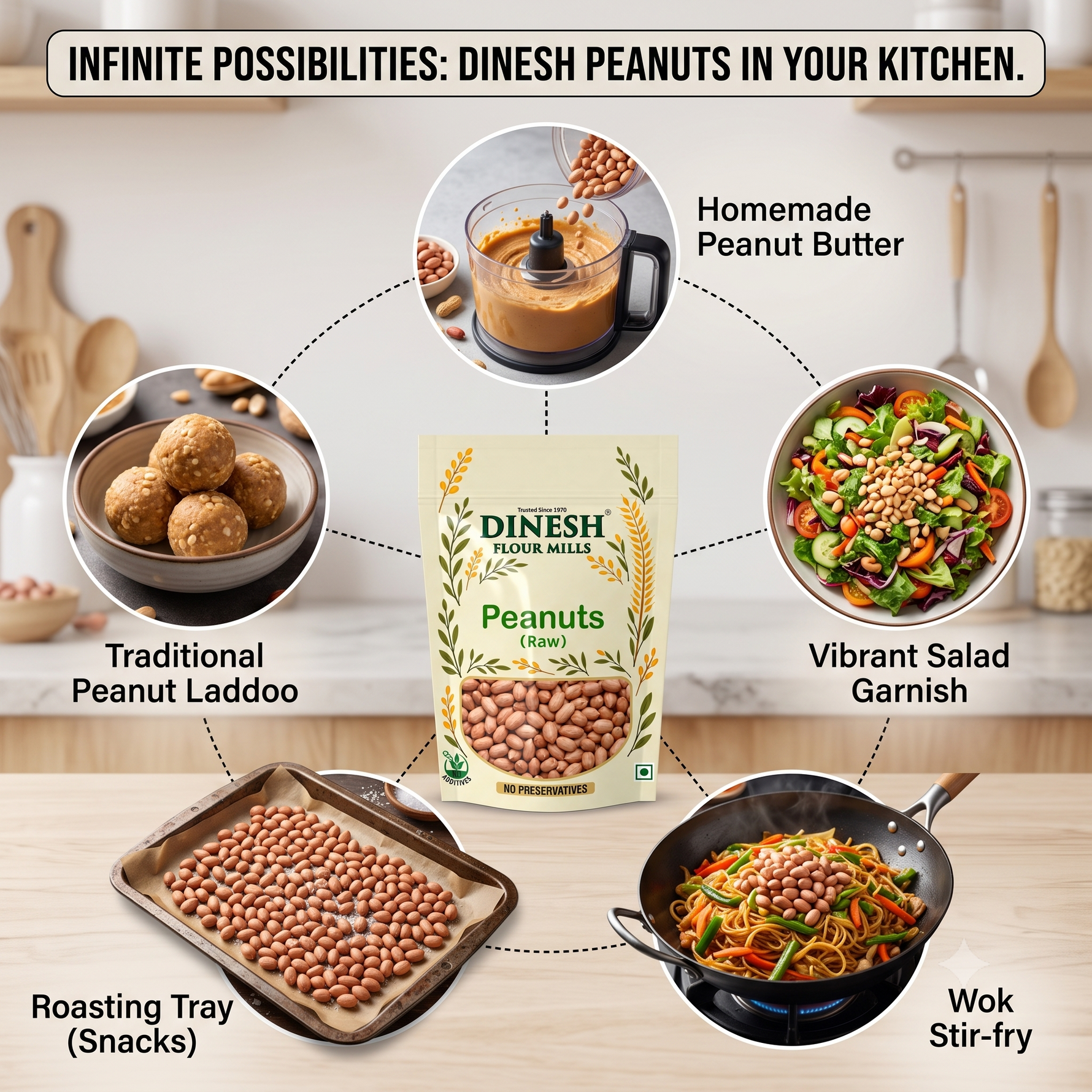 A promotional graphic for Dinesh Peanuts in your kitchen, showing a central package of raw peanuts surrounded by circular images of peanut butter, peanut laddoo, a salad garnish, roasted peanuts on a tray, and peanuts in a wok, with the headline 'INFINITE POSSIBILITIES: DINESH PEANUTS IN YOUR KITCHEN.'.