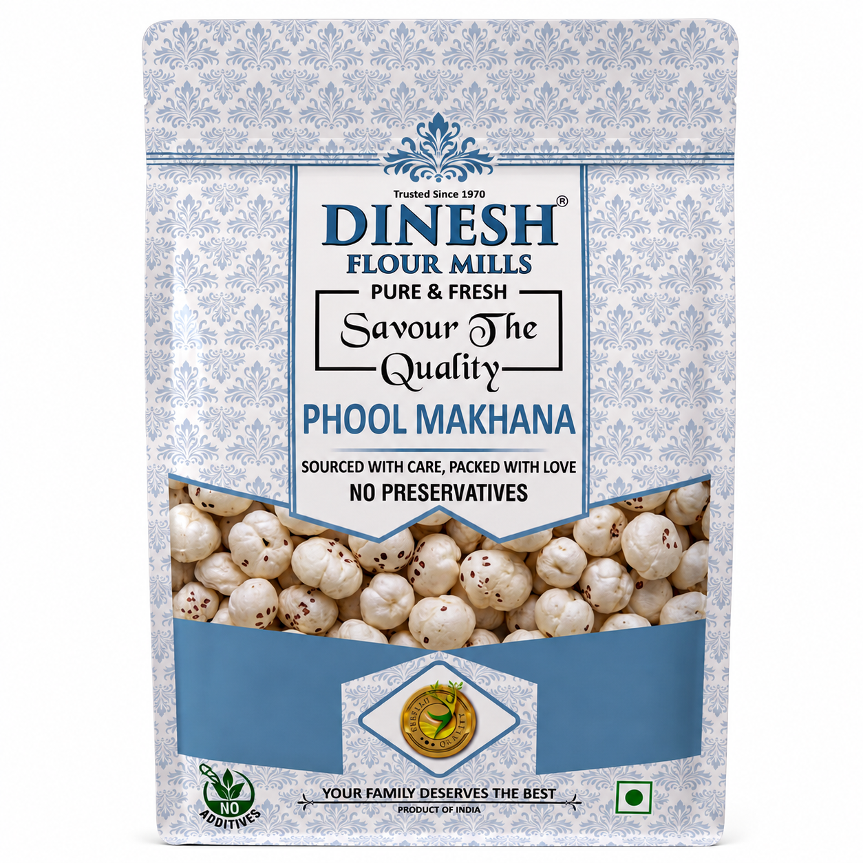 Dinesh Flour Mills Phool Makhana Fox Nuts packet on white background