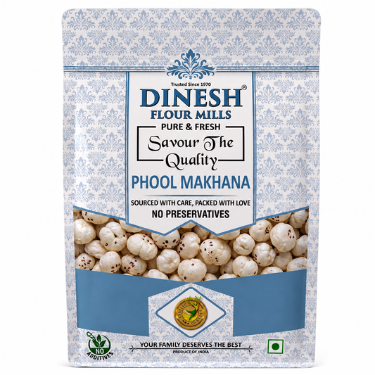 Dinesh Flour Mills Phool Makhana Fox Nuts packet on white background