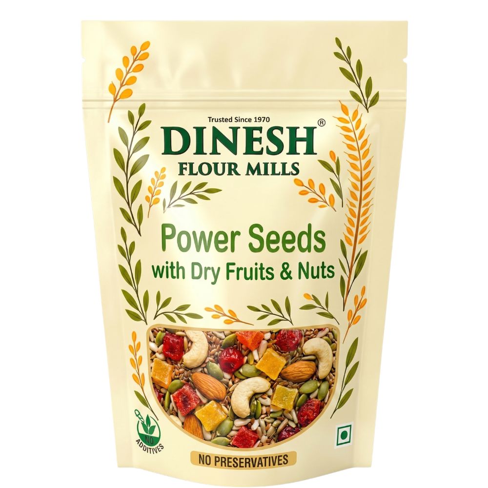 Dinesh Flour Mills Power Seeds with Dry Fruits & Nuts packaging on a white background