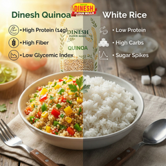 Bowl of quinoa salad and white rice with Dinesh Quinoa packaging in the background.