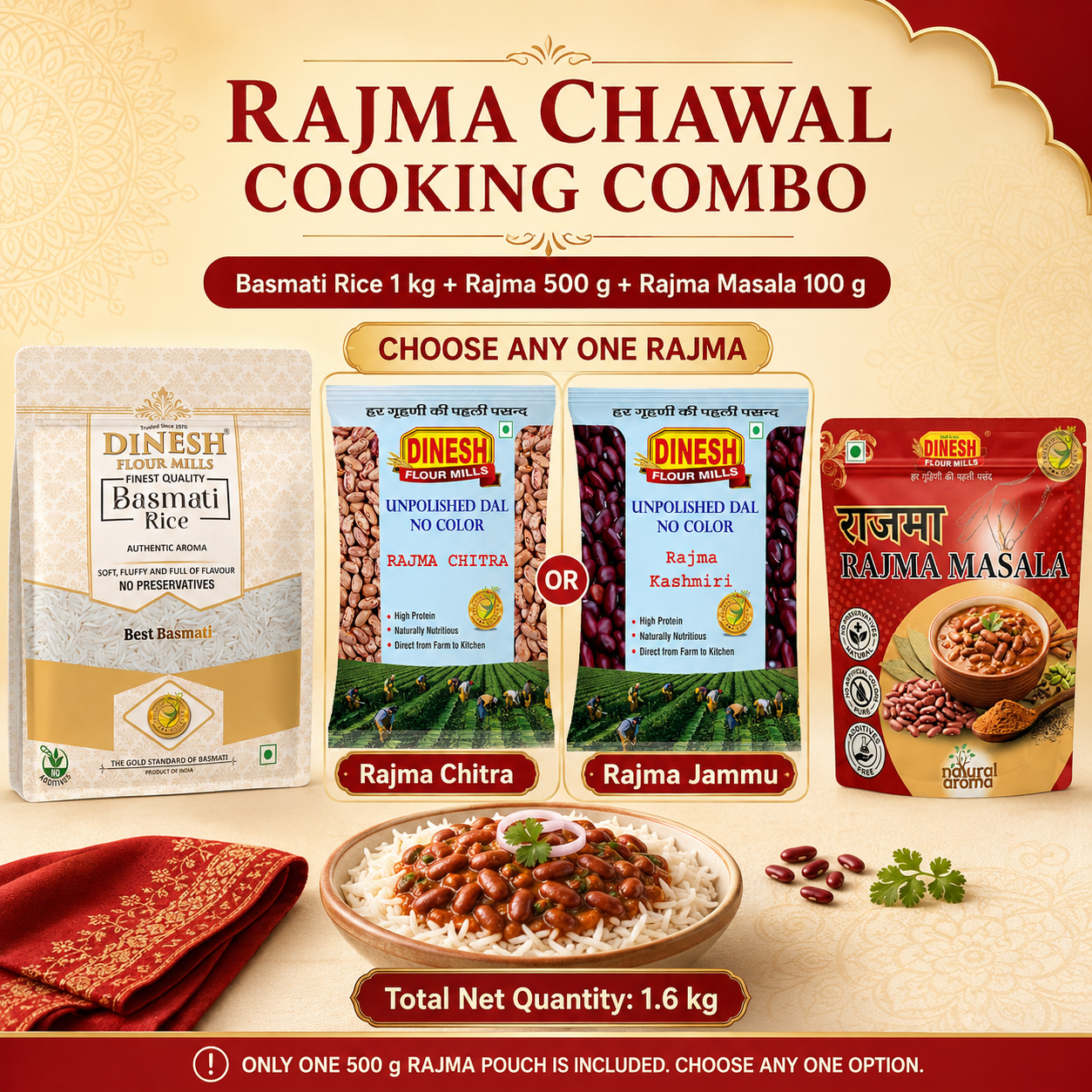 Dinesh Flour Mills Rajma Chawal Cooking Combo with Basmati Rice, Rajma and Rajma Masala