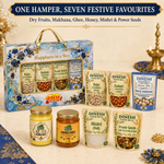 Rakhi gift hamper containing cashews, almonds, makhana, ghee, honey, mishri and power seeds