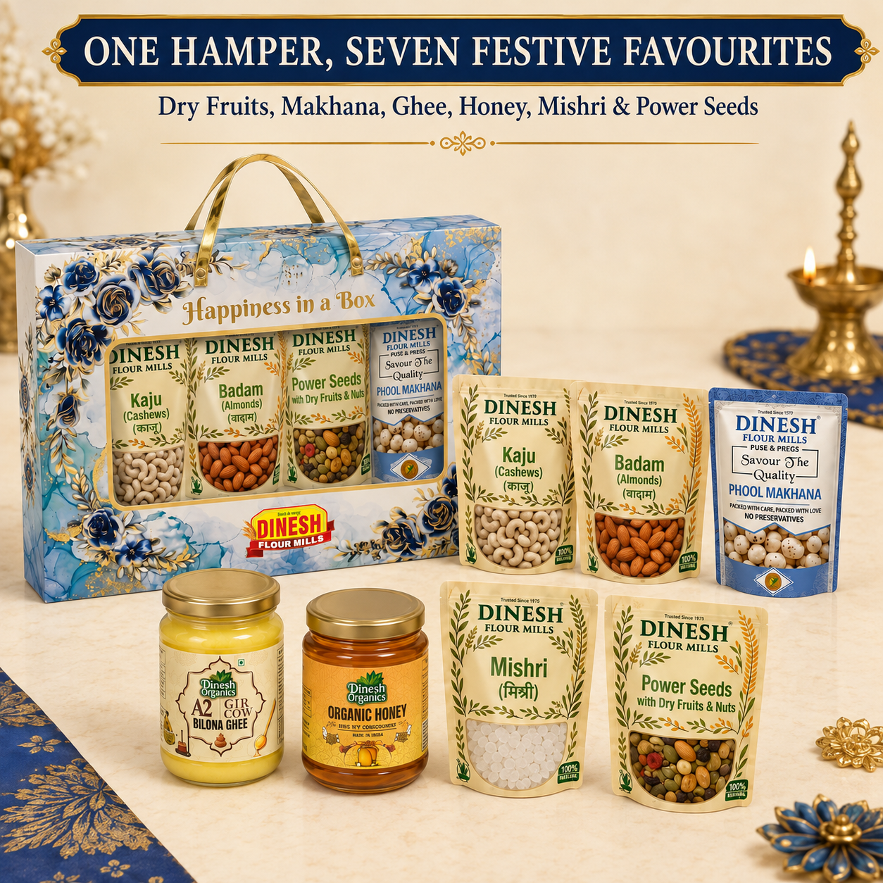 Rakhi gift hamper containing cashews, almonds, makhana, ghee, honey, mishri and power seeds