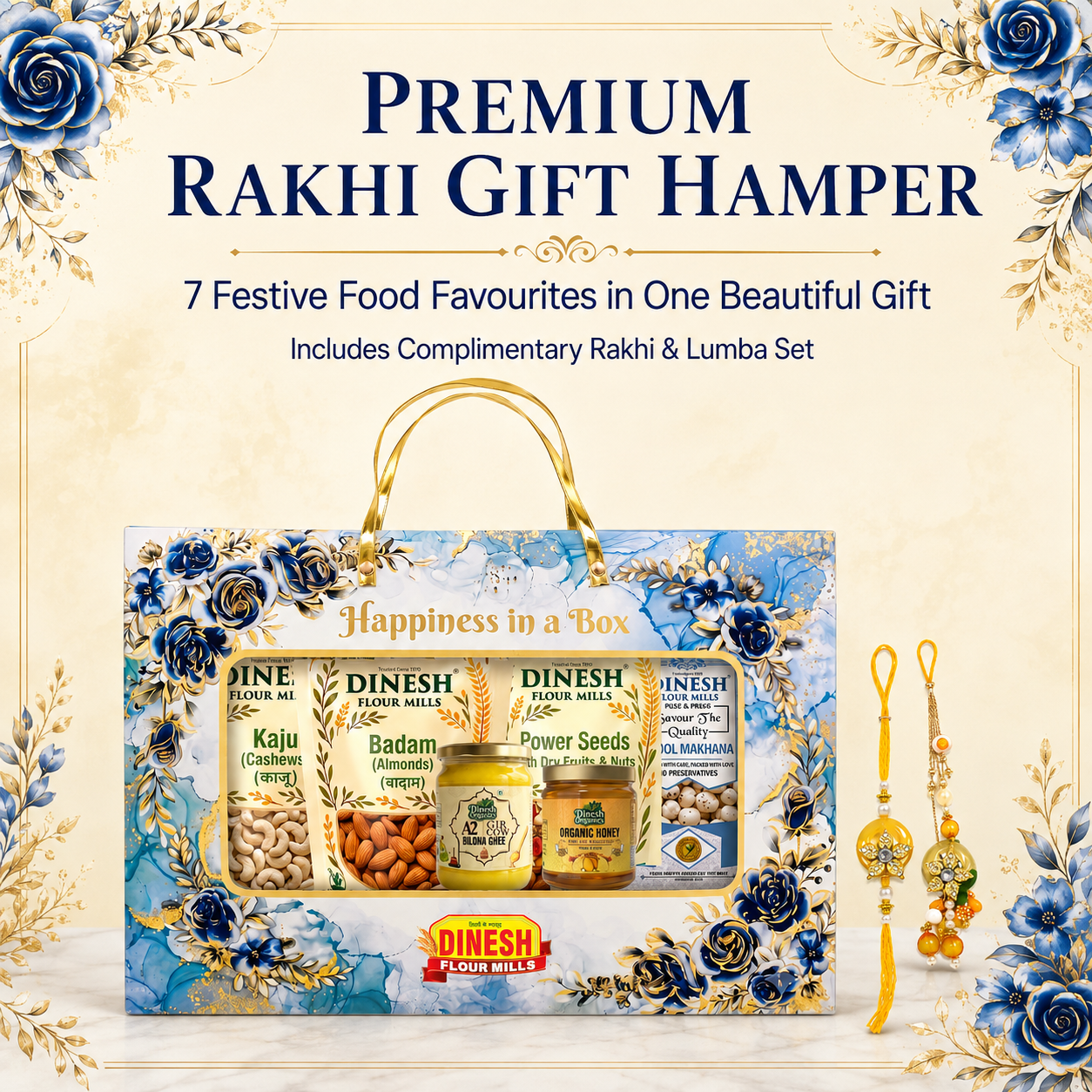 Premium Raksha Bandhan food gift hamper with seven individually packed products