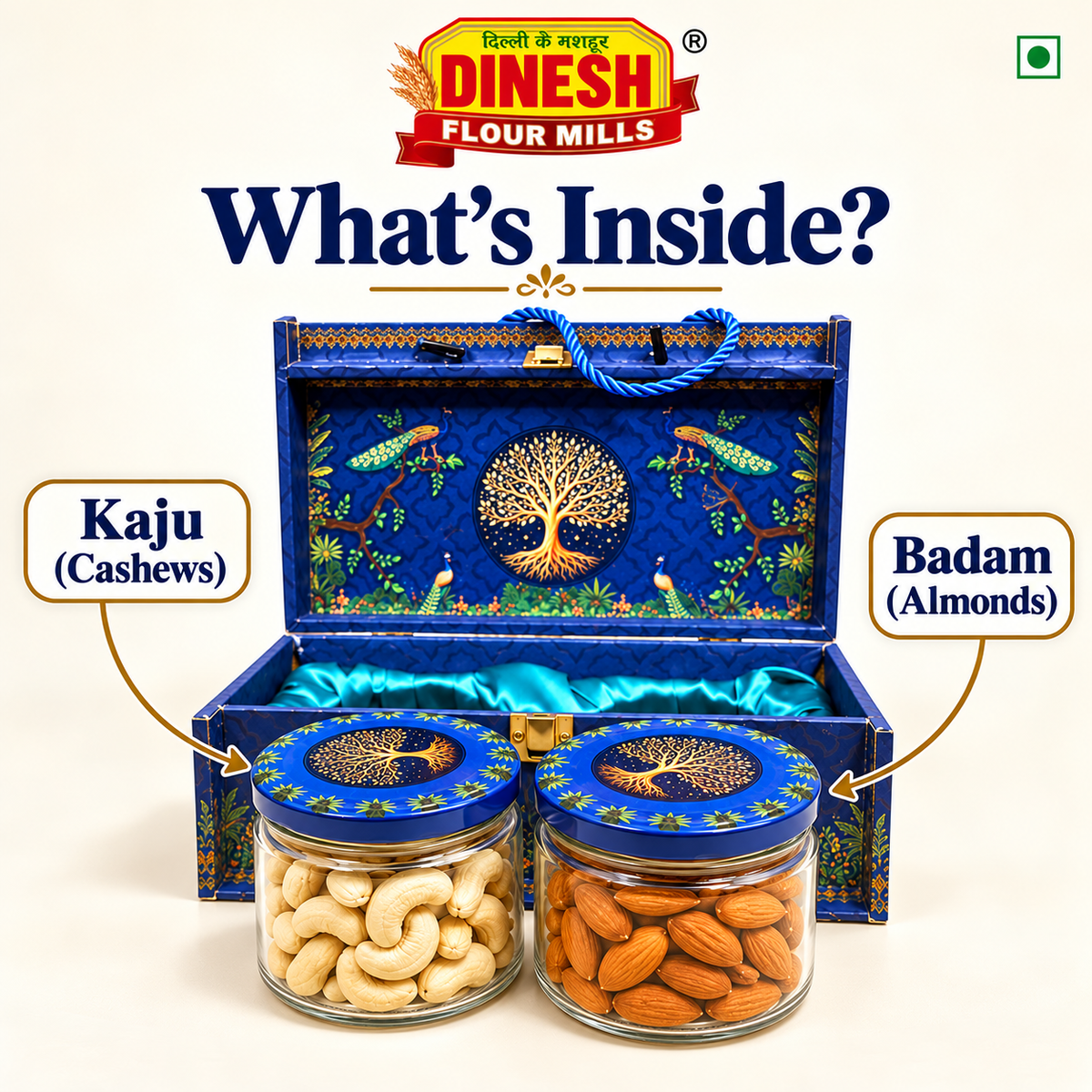 Royal Blue Kaju & Badam Gift Hamper | 2 Jar Dry Fruit Gift Box | Dinesh Flour Mills