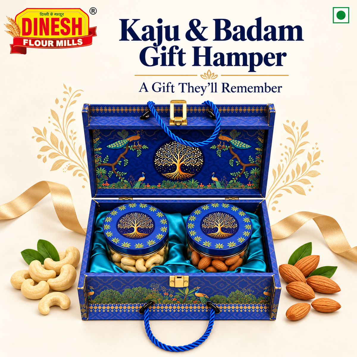 Royal Blue Kaju & Badam Gift Hamper | 2 Jar Dry Fruit Gift Box | Dinesh Flour Mills