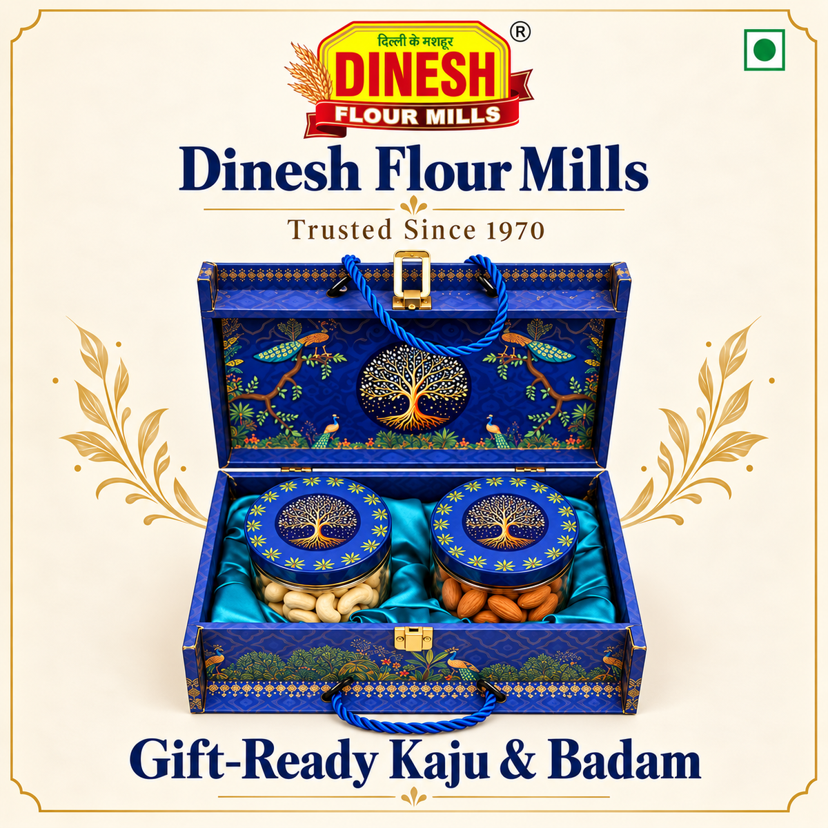 Royal Blue Kaju & Badam Gift Hamper | 2 Jar Dry Fruit Gift Box | Dinesh Flour Mills