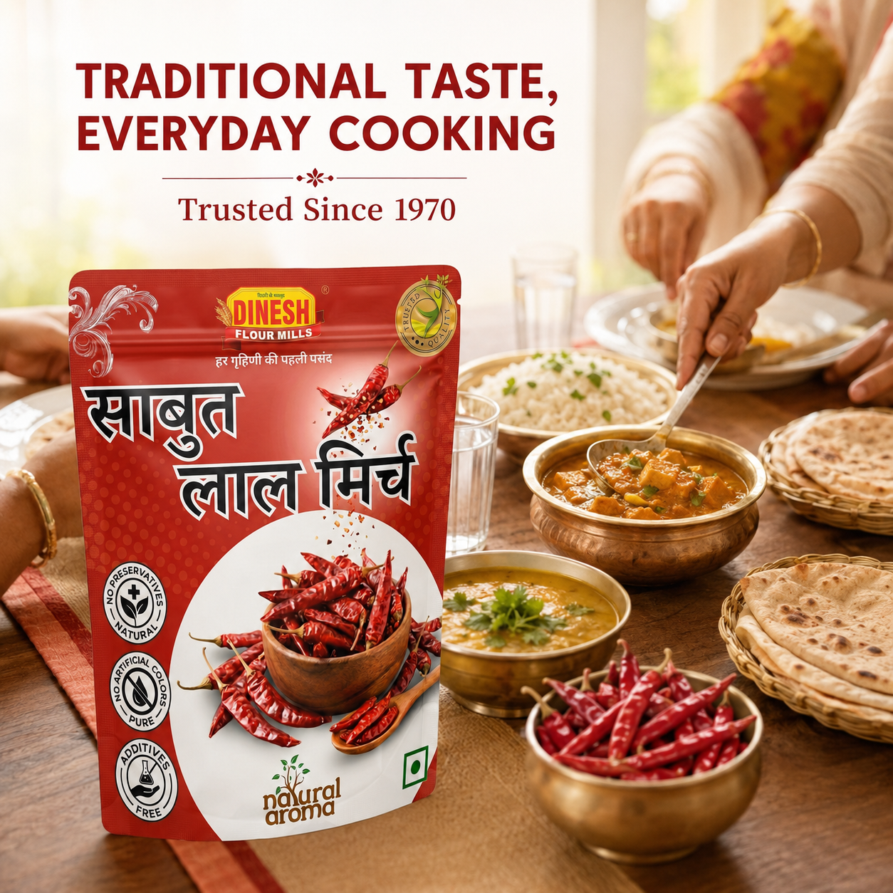 A stand-up pouch of Dinesh Flour Mills Savboot Lal Mirch (spicy red chilies) is displayed on a wooden dining table surrounded by bowls of food and hands serving, with promotional text at the top.