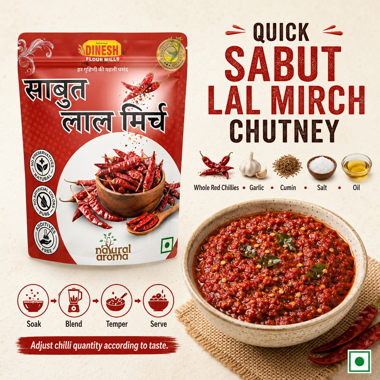Dinesh Raw Materials Sabut Lal Mirch Chutney in a red resealable pouch shown next to a bowl of prepared red chutney, with ingredient callouts and text on a light beige background.