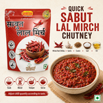 Dinesh Raw Materials Sabut Lal Mirch Chutney in a red resealable pouch shown next to a bowl of prepared red chutney, with ingredient callouts and text on a light beige background.