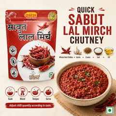 Dinesh Raw Materials Sabut Lal Mirch Chutney in a red resealable pouch shown next to a bowl of prepared red chutney, with ingredient callouts and text on a light beige background.