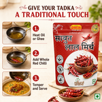 Dinesh Flour Mills Sabut Laal Mirch (whole red chili oil) pouch shown on a warm beige background with a traditional recipe infographic on the left showing three steps: heating oil/ghee, adding whole red chilies, and tempering with spices.