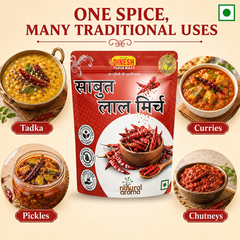 A package of Dinesh Flour Mills Lal Mirch One Spice Red chili powder is centered on a beige background, surrounded by five food illustrations showing traditional uses: tadka, curries, pickles, and chutneys. The package is red with white and yellow text and graphics, and the top of the image includes the text 'ONE SPICE, MANY TRADITIONAL USES' and a green square logo.
