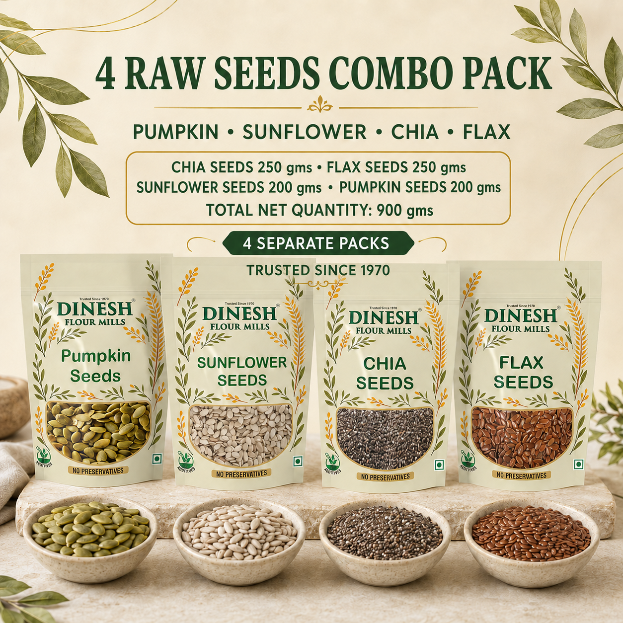 Four raw seeds combo pack by Dinesh Flour Mills, featuring pumpkin, sunflower, chia, and flax seeds in individual bags, with bowls of the loose seeds in front on a light beige background.