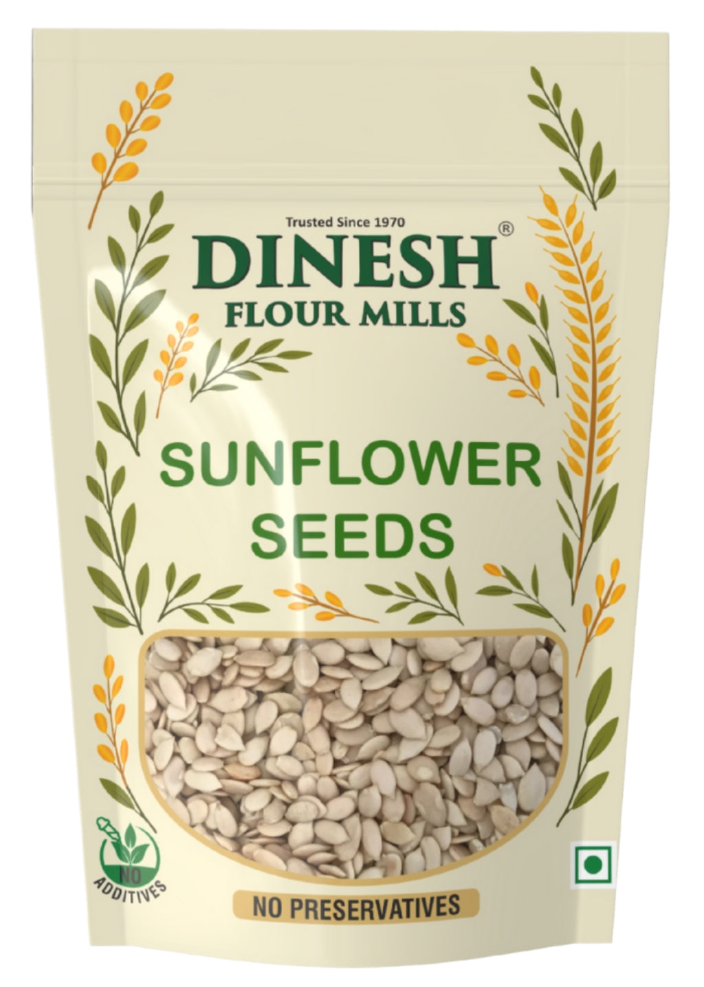 Packaging of Dinesh Flour Mills sunflower seeds with decorative elements on a beige background.