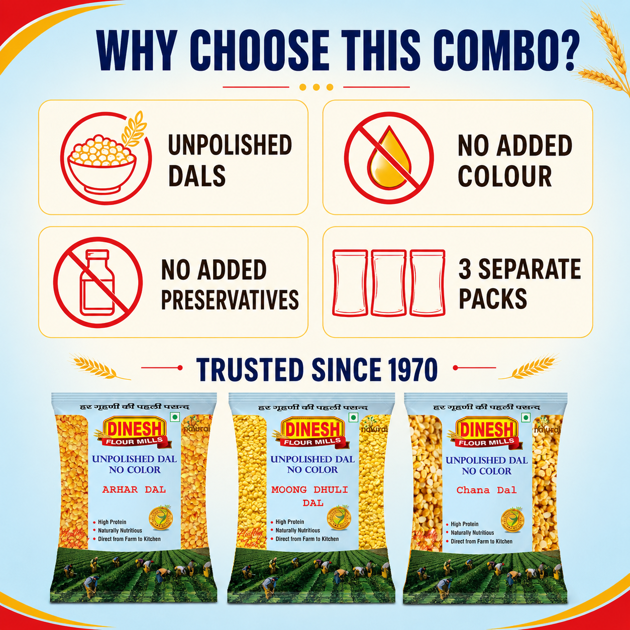 Unpolished Dal Combo Pack 1.5 kg | Arhar Dal, Moong Dhuli Dal & Chana Dal | 3 × 500 g