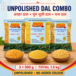 Dinesh Flour Mills Unpolished Dal Combo with Arhar Dal, Moong Dhuli Dal and Chana Dal, 500 g each
