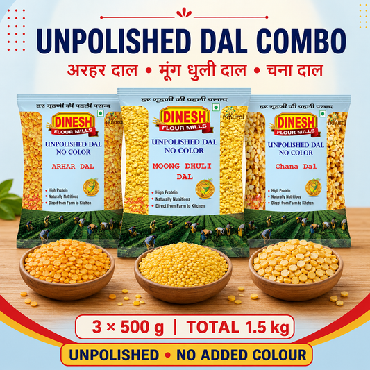 Dinesh Flour Mills Unpolished Dal Combo with Arhar Dal, Moong Dhuli Dal and Chana Dal, 500 g each