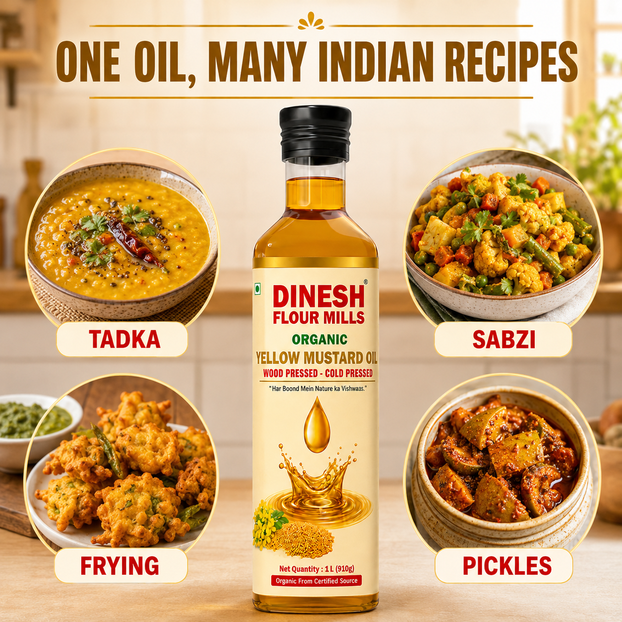 Organic Yellow Mustard Oil 1 L | Wood-Pressed, Cold-Pressed & Unfiltered Peeli Sarson Oil