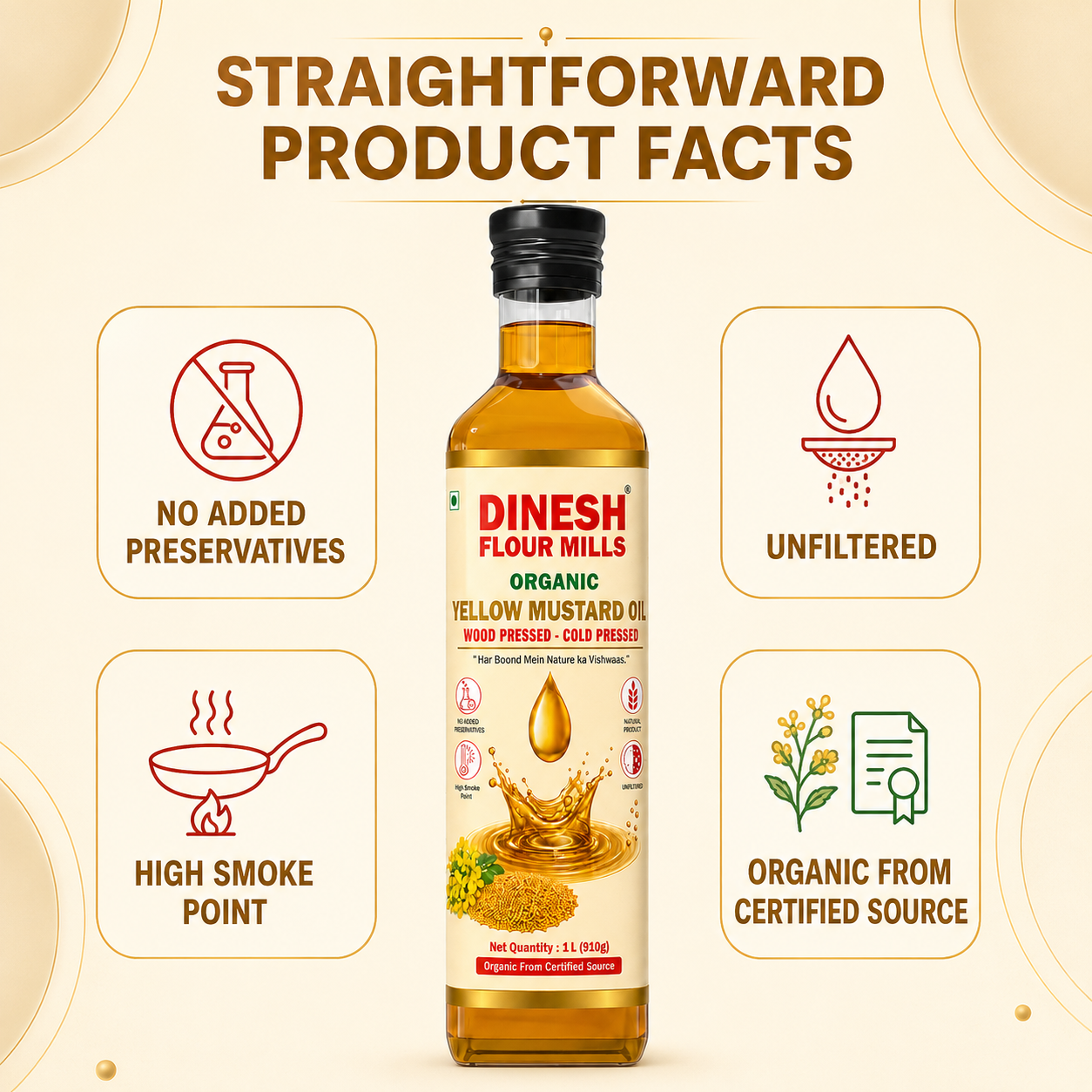 Organic Yellow Mustard Oil 1 L | Wood-Pressed, Cold-Pressed & Unfiltered Peeli Sarson Oil