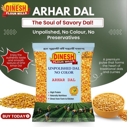 Dinesh Arhar Dal packaging with text and images of dal and farmers in a field.