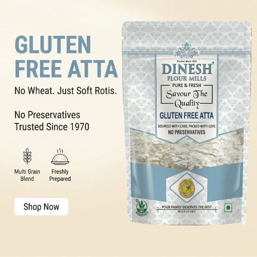 Dinesh Gluten Free Atta packaging with text on a beige background